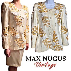 Vintage Designer MAX NUGUS 2 Piece Sequins Beaded Handmade Couture Jacket/Skirt